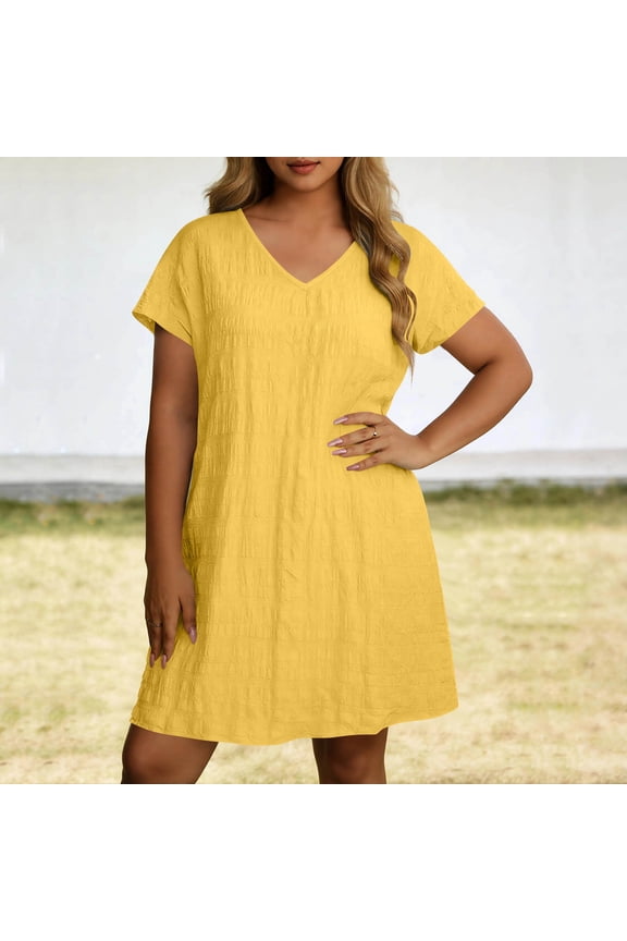 Womens V Neck Textured Shift Dresses Loose Fit Short Sleeve Curved Hem Casual Dresses Everyday Sundresses Gift