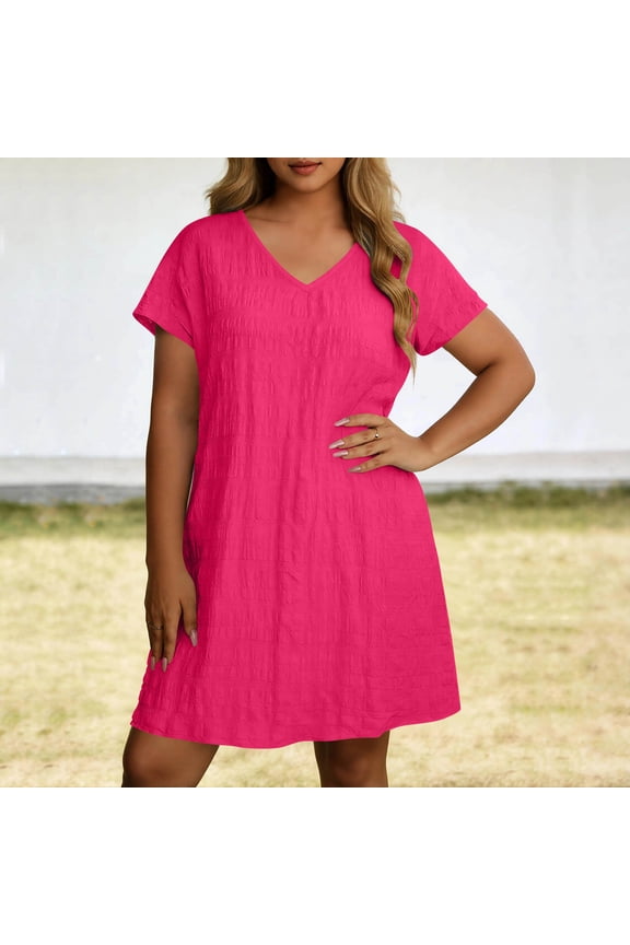 Womens V Neck Textured Shift Dresses Loose Fit Short Sleeve Curved Hem Casual Dresses Everyday Sundresses Gift