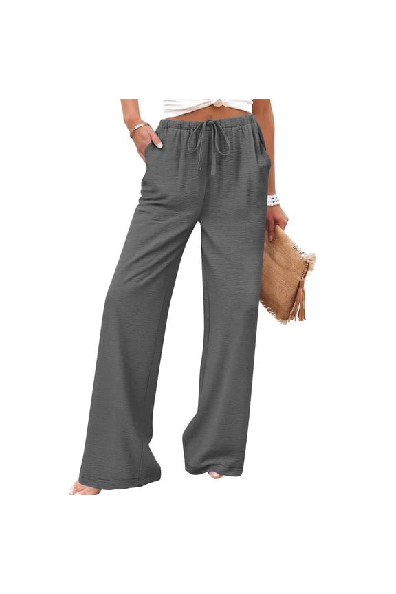 Womens Wide Leg Pants Elastic Drawstring Waist Solid Color Lightweight Crinkled Fabric Casual Summer Beach Vacation Bottoms Gift