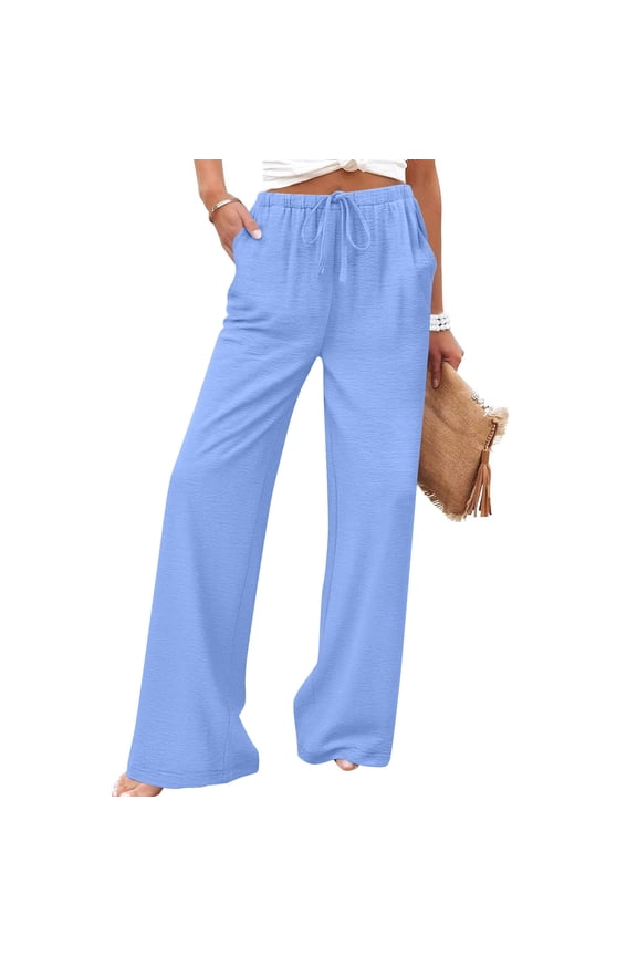 Womens Wide Leg Pants Elastic Drawstring Waist Solid Color Lightweight Crinkled Fabric Casual Summer Beach Vacation Bottoms Gift