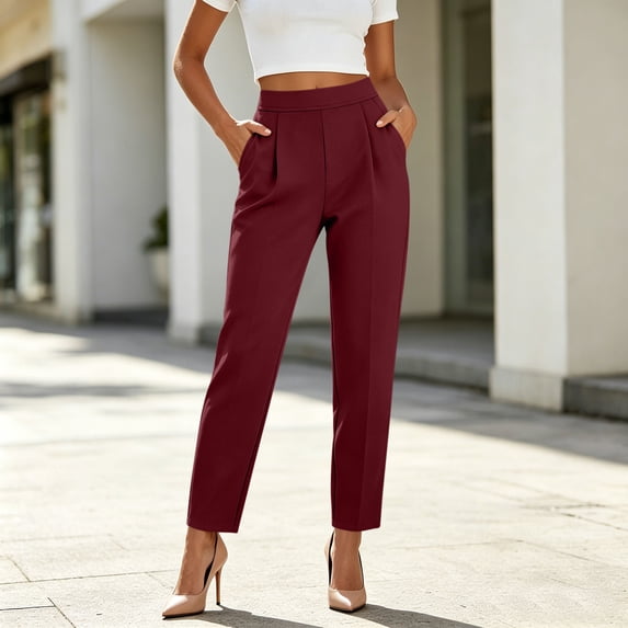 Pounoo Womens Work Trousers High Waist Pleated Straight Leg Plain Womens Dress Pants Regular Fit Office Commute Soft Womens Dress Pants