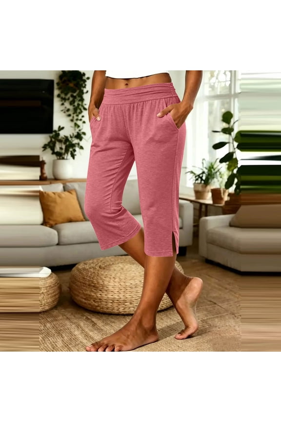 Womens Yoga Capris Elastic Waist Split Hem Cropped Plain Womens Sport Capris Relaxed Fit Yoga Studio Stretchy Womens Sport Capris