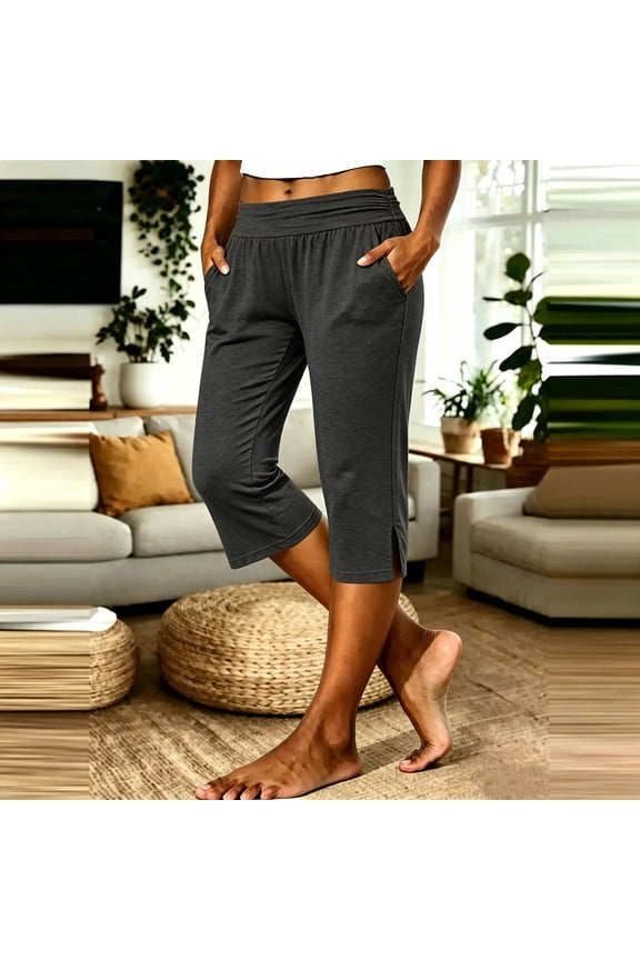 Womens Yoga Capris Elastic Waist Split Hem Cropped Plain Womens Sport Capris Relaxed Fit Yoga Studio Stretchy Womens Sport Capris