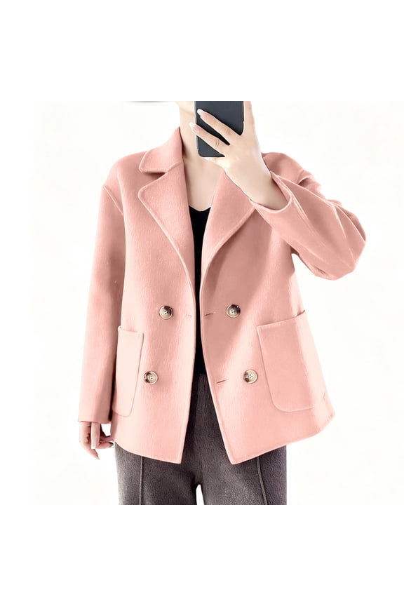 Wool Blend Blazers for Women Mid Long Double Breasted Work Trench Coat Lapel Pea Tweed Coats with Pockets Gift