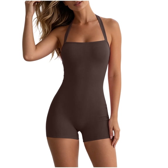 Pounoo Workout Sets for Women Ribbed Halter Neck Square Neck Bodysuit with High Waist Shorts Casual Gym Running Beach Matching Outfits