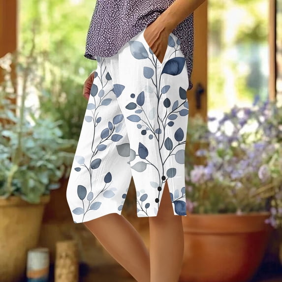 Pounoo Workout Shorts for Women Floral Print Side Split Button Detail Loose Fit Bottoms Beach Wear Breathable Slacks