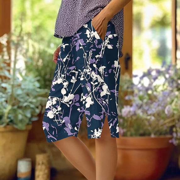 Pounoo Workout Shorts for Women Floral Print Side Split Button Detail Loose Fit Bottoms Beach Wear Breathable Slacks