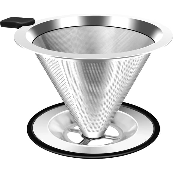 Pour Over Coffee Dripper, Double Layer 800 Mesh Stainless Steel Permanent Reusable Coffee Filter Cone for 1-2 Cups with Heat Resistant Silicone Handle and Non Slip Stand