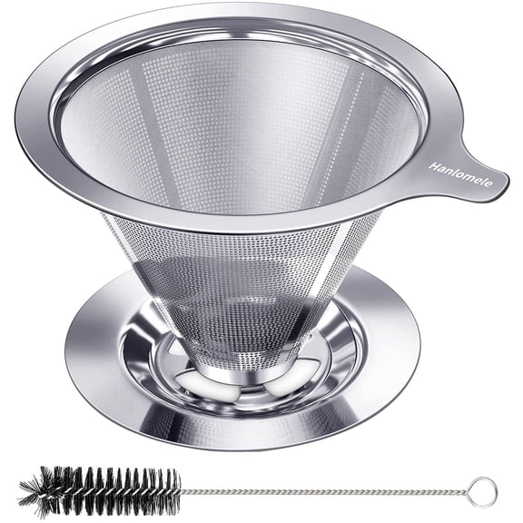 Pour Over Coffee Dripper, Paperless Reusable Coffee Filter, Pour Over Coffee Maker for Single Cup Brew, Double Mesh Design of Stainless Steel Cone Filter for Perfect Extraction (1-2 Cup)