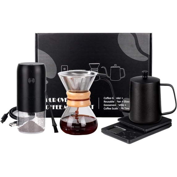 Pour Over Coffee Dripper Set, Hand Drip Coffee Maker Set, All in One Pour Over Kit with Electric Grinder, Coffee Dripper Set, Ideal for Anniversary Birthday Gift