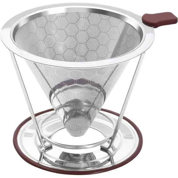 Pour Over Coffee Dripper Stainless Steel Coffee Filter Metal Cone Filter Paperless Reusable Single Cup Maker 1-2 Cup With Non-slip and Removable Cup Stand