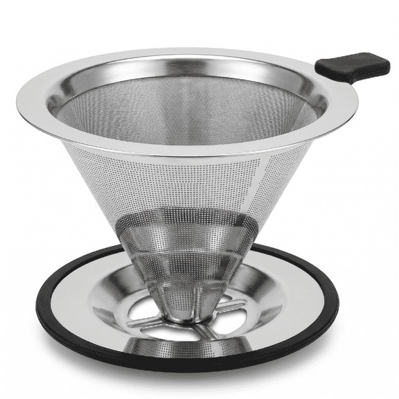 Pour Over Coffee Dripper, Stainless Steel Permanent Reusable Coffee Filter, Double Layer 800 Mesh Coffee Filter Cone with Heat Resistant Silicone Handle and Non Slip Stand for 12 Cups
