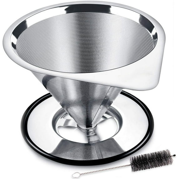 Pour Over Coffee Dripper Stainless Steel Slow Drip Coffee Filter Metal Cone Paperless Reusable Single Cup Coffee Maker 1-2 Cup With Non-slip Cup Stand and Cleaning Brush