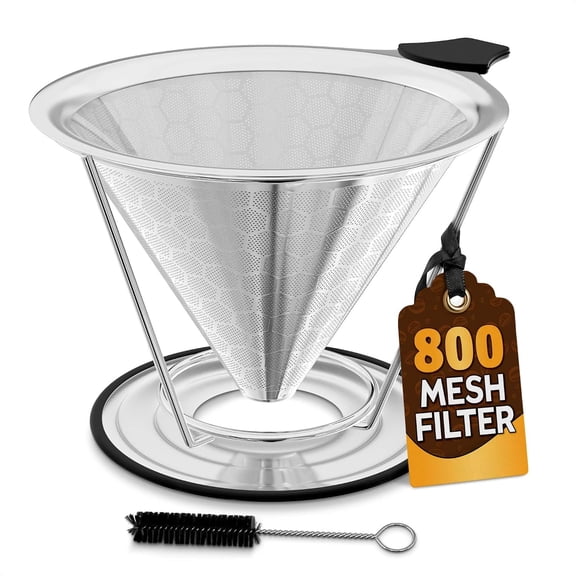 Pour Over Coffee Filter Reusable Stainless Steel - 800 Mesh Dual-Layer Cone Set with Stand and Cleaning Brush Smooth Rich Brew Dripper Compatible Hario V60 Chemex Brewers & Most Mugs