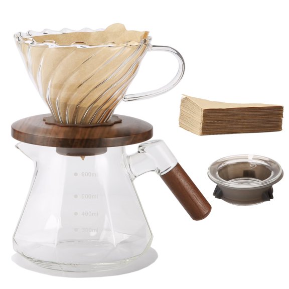 Pour Over Coffee Maker, 20 oz Borosilicate Glass Set with 100 pcs Paper Filter, Coffee Dripper with Walnut Collar, Coffee Pot with Glass Lid, 1-3 Cups, Clear, (600 ml)