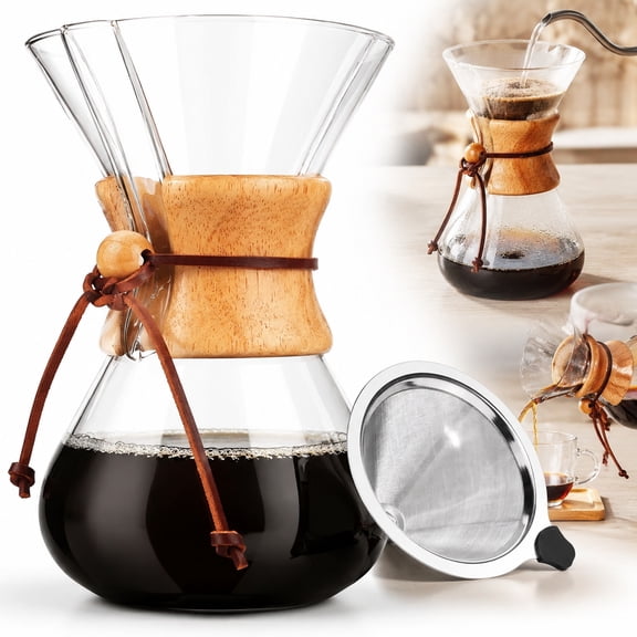 Pour Over Coffee Maker 27 OZ/800ml, 8 Cup Borosilicate Glass Drip Coffee Brewer with Reusable Stainless Steel Filter & Heat-Resistant Cork Grip, Manual Hand Drip Coffee Pot for Home Cafe Office