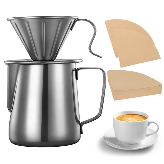 Pour Over Coffee Maker, 304 Stainless Steel Dripper with 20 oz Frothing Pitcher & 100 Paper Filters for Rich Flavor, Portable Manual Coffee Brewer Set for Kitchen, Camping