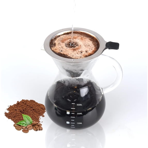 Pour Over Coffee Maker with Reusable Double-layer Stainless Steel Filter, 400ml/14oz BPA-Free Glass Coffee Carafe, Glass Coffee Maker, Coffee Dripper Brewer