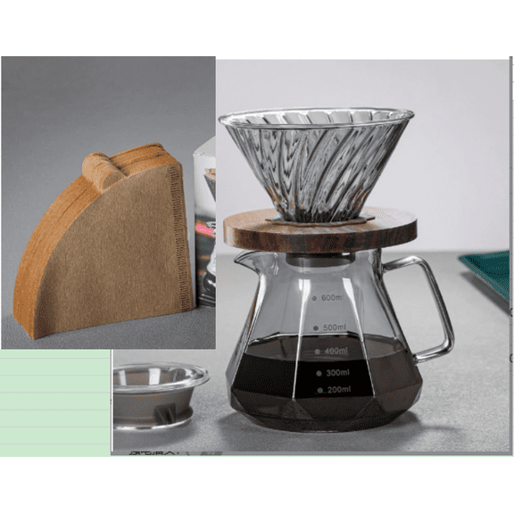 Pour Over Coffee Maker Set, 21 oz Glass Coffee Pot with Lid & Handle, Pour Over Filter Cup with Walnut Handle 100 Paper Filters, Manual Drip Coffee Brewer for Home Office Picnic Camping