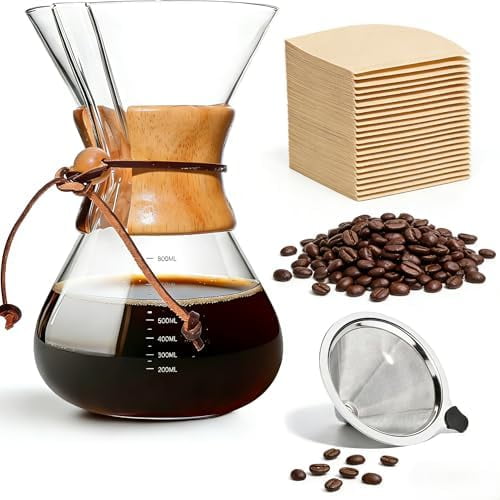 Pour Over Coffee Maker Set - 27oz High-Heat Resistant Drip Coffee Brewer with Reusable Stainless Steel Filter and Cork Handle V60 Coffee Filter Paper$$Home Decor, Kitchen, & Other