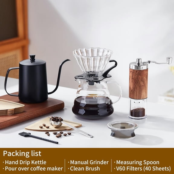 Pour Over Coffee Maker Set  6-Piece Set with Coffee Maker, Hand Coffee Grinder, Hand Drip Kettle, V60 Filters (40 Sheets), and Measuring Spoon  Perfect for Home Brewing and Travel