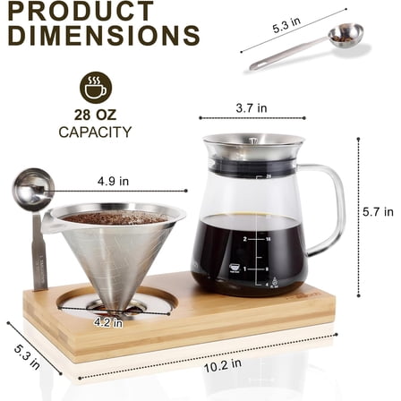 Pour Over Coffee Maker Set with Extra Large Coffee Dripper, 28 oz Glass Carafe, Stainlesss Steel Coffee Scoop and Bamboo Storage Tray,  Set for Home or Office