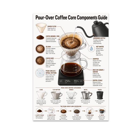 Pour-Over Coffee Core Components Guide Poster, Coffee Enthusiasts, Barista Training, and Kitchen Decor, 13x19 Glossy Paper