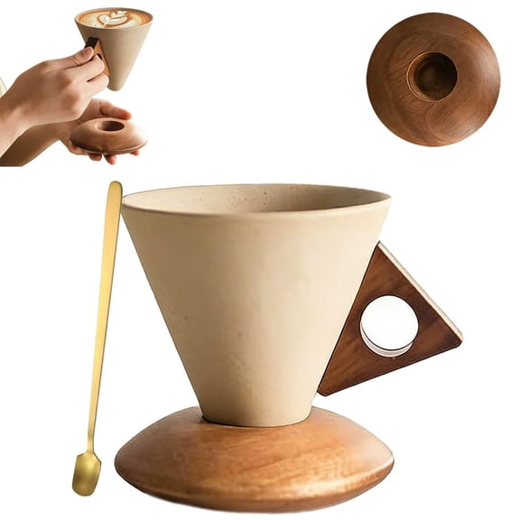 Pour Over Coffee Dripper Ceramic Cone Dripper with Wooden Base & Handle, 10cm Triangle Handle Coffee Maker for Home & Office