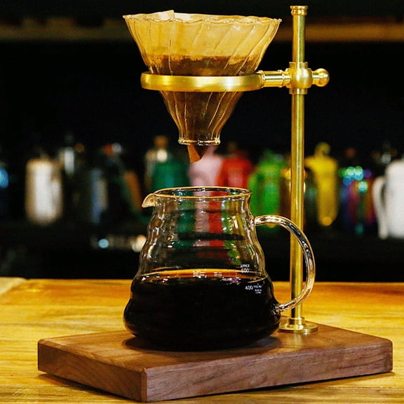 Pour Over Coffee Filter Stand Adjustable Wood Brass Drip Holder Rack for Home Bar Office 8.8 x 6.3 in