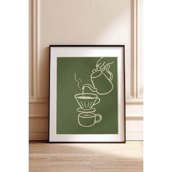 Pour Over Coffee Line Art Poster, Minimal Green Cafe Kitchen Wall Art