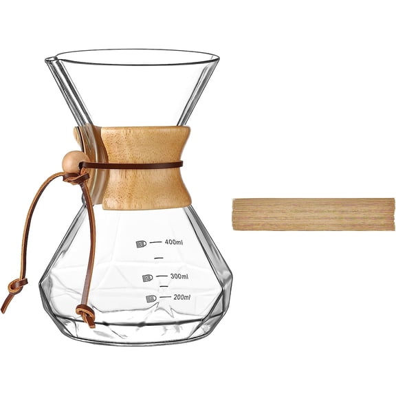 Pour Over Coffee Maker 15 oz with 40 Paper Filters, Glass Coffee Dripper Holds 1 to 2 Cups, Carafe Brewer for Home/Cafe Restaurant
