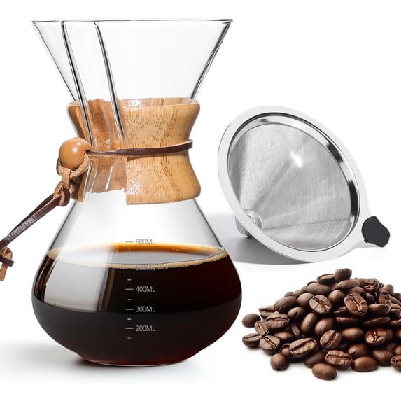 Pour Over Coffee Maker 20 OZ, 6 Cup Borosilicate Glass Drip Coffee Maker with Reusable Stainless Steel Filter and Cork Grip for Home Café 600 ML