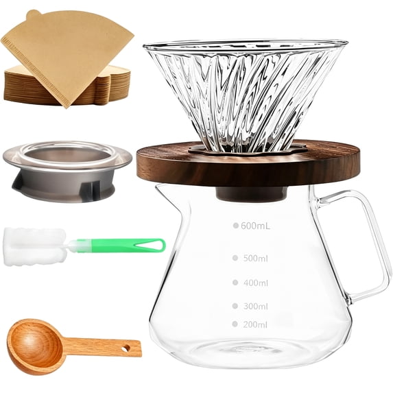 5 in 1 Pour Over Coffee Maker Set, Glass Coffee Dripper Kit with 20 oz Carafe, 50 Disposable Filters, Wooden Stand, Coffee Scoop and Cleaning Brush for Manual Brewing
