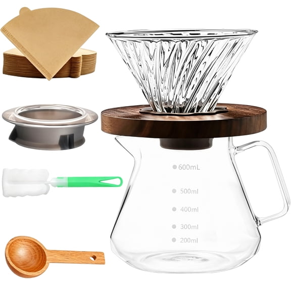5 in 1 Pour Over Coffee Maker Set, Glass Coffee Dripper Kit with 20 oz Carafe, 50 Disposable Filters, Wooden Stand, Coffee Scoop and Cleaning Brush for Manual Brewing