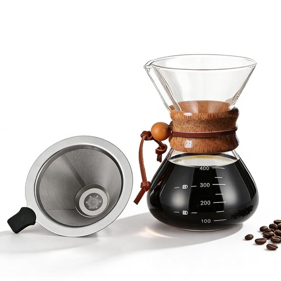 Pour Over Coffee Maker, Glass Coffee Dripper with Stainless Steel Drip Filter and Wooden Collar for 1-2 Cup, Home Camping Travel, 400ml/13.5oz