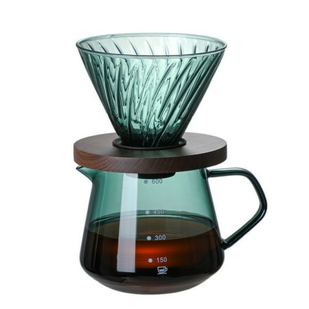 Pour Over Coffee Maker Set, 600ML Glass Carafe Coffee Server with Dripper Set, V60 Glass Coffee Filter with Wood Base for Home Office Gift, 1-4 Cups