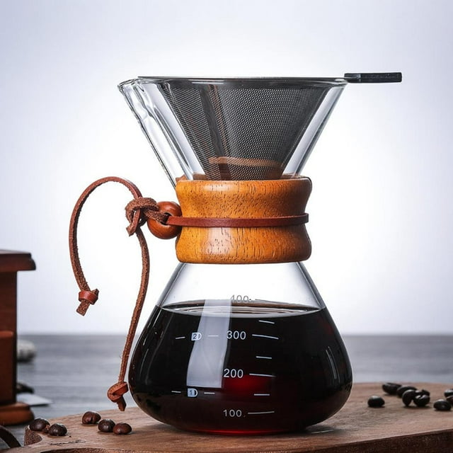 Pour Over Coffee Maker with Double-layer Stainless Steel Filter, Coffee Dripper Brewer & Glass Coffee Pot, High Heat Resistant Decanter