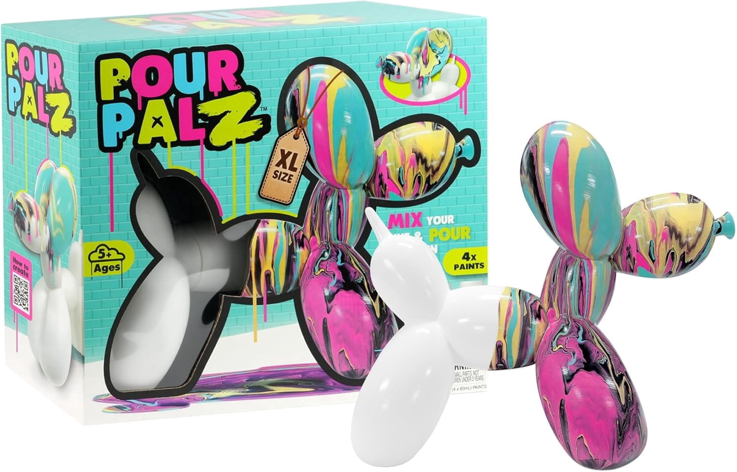Pour Palz DIY Paint Pouring Kit – 1 XL Balloon Dog, 4 Acrylic Pour Paints, Mixing Cups & Tools, Create Unique Marbled Art, Fun Hands-On Craft Kit for Kids & Adults, Candy Ripple, Ages 5+