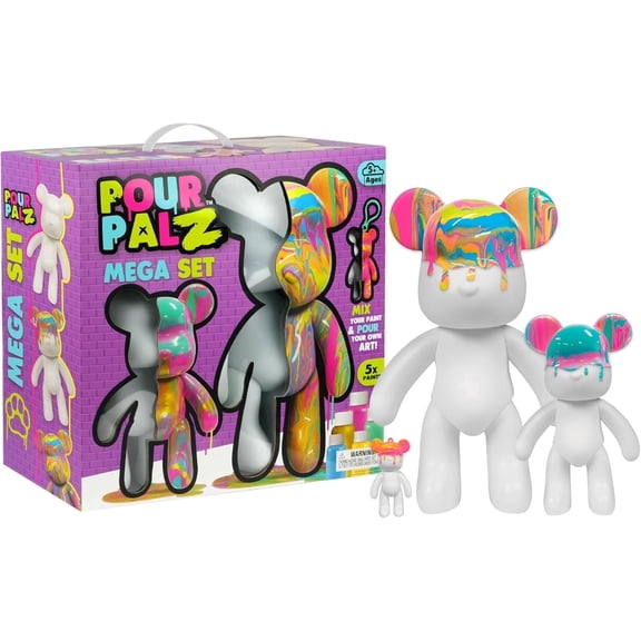 Pour Palz DIY Paint Pouring Kit, Create Custom Art with XL & Standard & Keychain Figure, 5 Acrylic Pour Paints -Fun Creative Hobby for Kids & Adults, Unique Collectible Craft Set, Mega Pack, Ages 5+