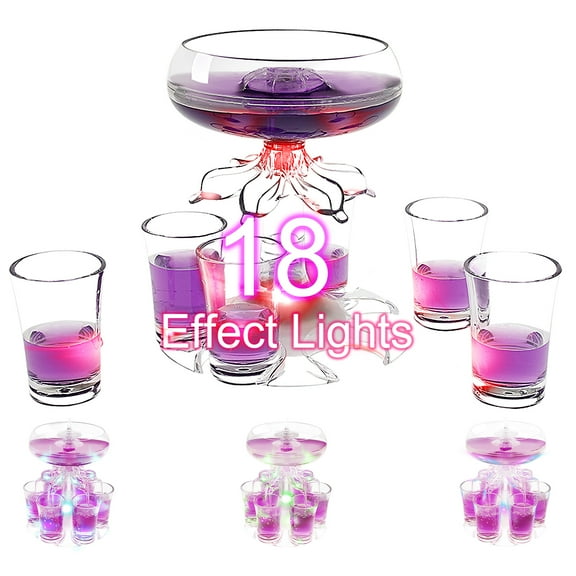 Pour Shot Dispenser with 6 Cups 18 Effect Lights Shot Glass Dispenser Acrylic Wine Glass Dispenser Decorative Liquor Glass Dispenser Clear 6 Separating Ports for Filling Liquid Cocktails Whisky