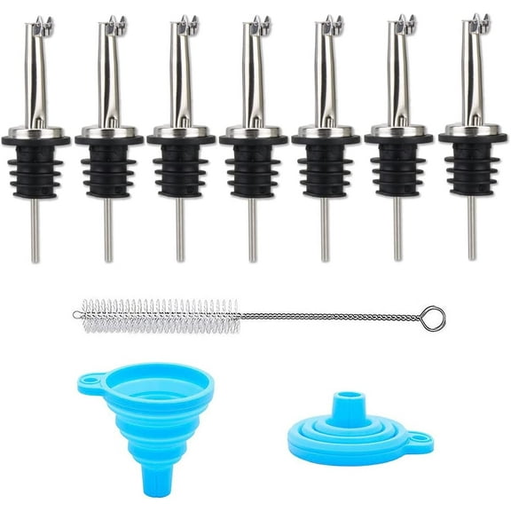 Pour Spouts for Olive Oil Pourer 7 Pcs Free flow Pourers Rubber Stoppers Sets for Liquor Spirits Wine Alcohol Syrup Bottles Drizzle Drip Spout Bottle Speed Pourer