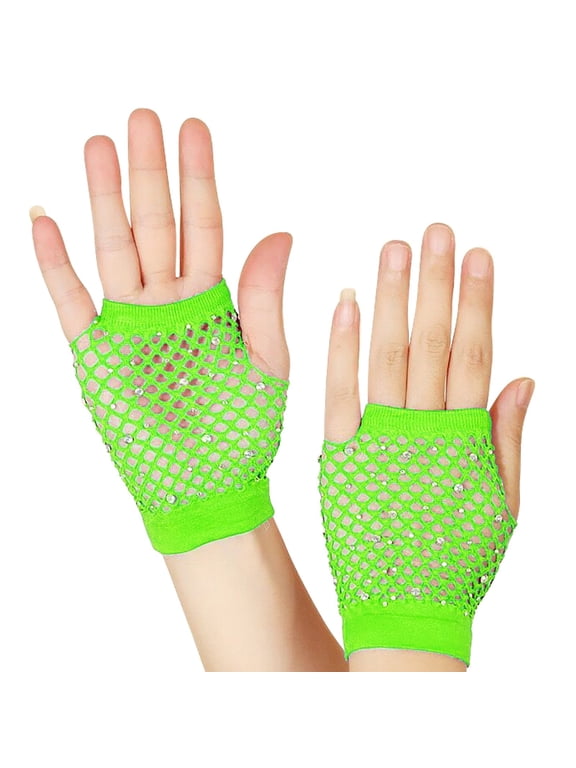 80s Fishnet Gloves Nylon Short Rhinestone Fingerless Punk Mesh Arm Sleeves for Women Girls Green ONESIZE