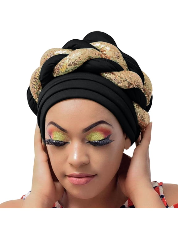 African Flower Rhinestone Turban Cap Pre Tied Beanie Sequin Bonnet Headwrap Stretch Pleated Headscarf for Women Head Cover Black One Size