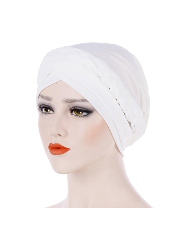 African Turban Hats for Women Braid Silky Twist Headscarf Caps Pre Tied Chemo Cancer Headwrap Plated Headwear Hair Loss Cover White One Size