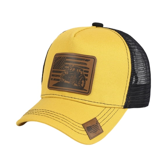 PoureLoom American Flag Trucker Hat Leather Patch Mesh Back Snapback Baseball Cap Casual Unisex Hat for Men Women Yellow One Size