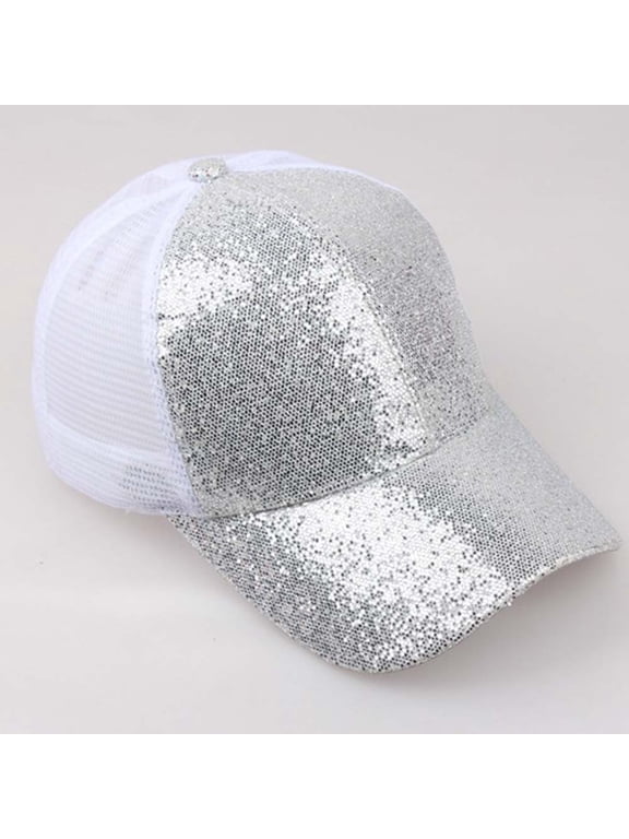 Breathable Mesh Baseball Cap Lightweight Sequin Glitter Summer Hat For Women Adjustable Fit Silver 54