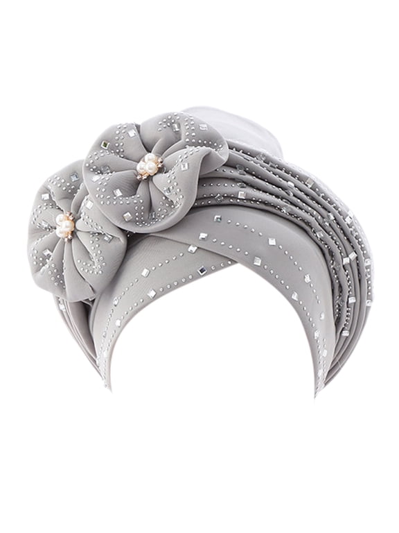 Chemo Turban Caps for Women Bead Flower Solid Pre Tied Headwraps for Cancer Patients Hair Loss Head Cover Headwear Gray One Size