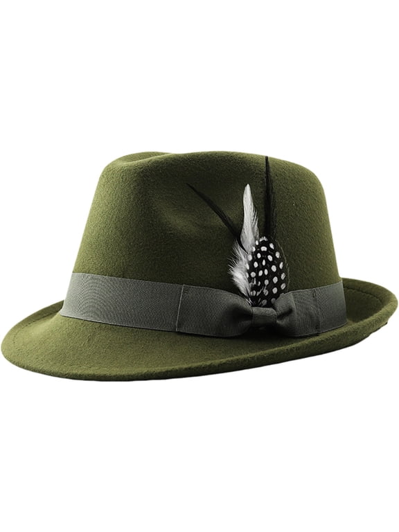 Fedora Hats for Men Women Classic Short Brim Felt Fedora Hat with Feathers Band Green One Size