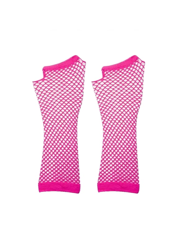 Fishnet Gloves,Mesh Fingerless Gloves, Elastic Nylon Wrist Gloves for Women 80's Theme Party Hot Pink One Size