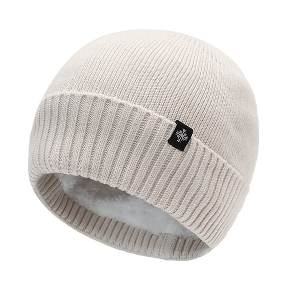 PoureLoom Fleece Lined Knit Beanie for Men & Women, Warm Winter Ribbed Cuffed Hat Skull Cap Small Snowflake Cold Weather Outdoor Beige One Size